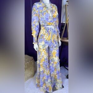 Banjul 2 piece crop top wide leg flowing pants floral print yellow purple medium